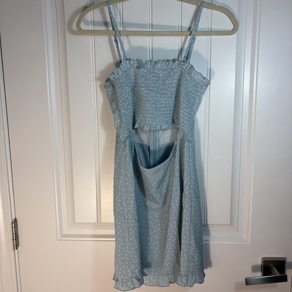Kittenish Blue Polka Dot Smocked Ruffle Mini Dress Women's Small